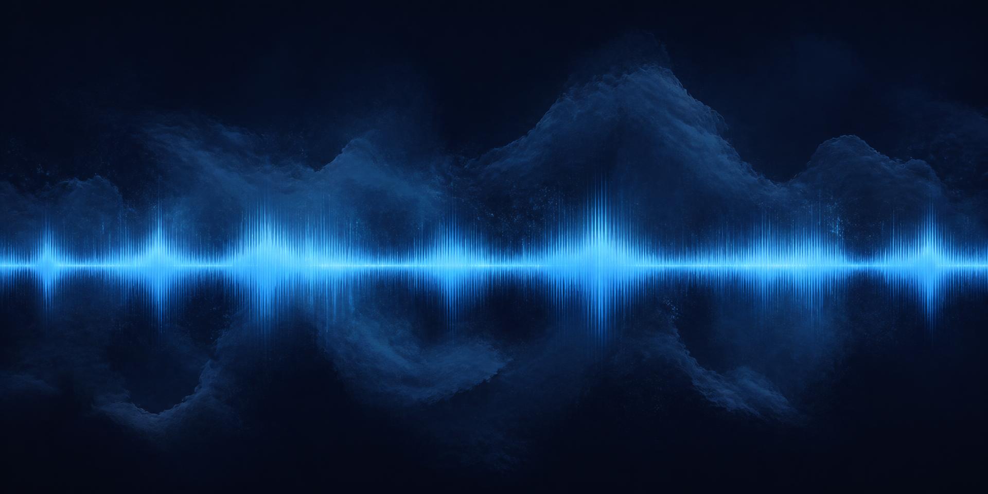 Glowing audio waveform drifting through blue clouds
